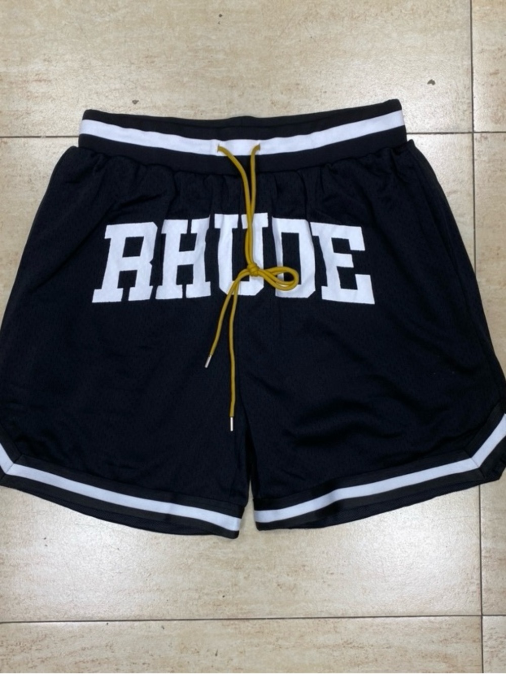 Rhude Black Shorts with White Trim and Yellow Drawstring